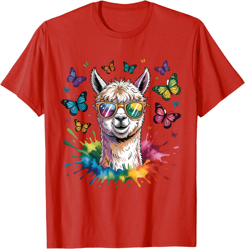 Funny Llama Lover Graphics Cute Llama with Sunglasses Animal Art Graphic Funny Alpaca T-Shirt - Red