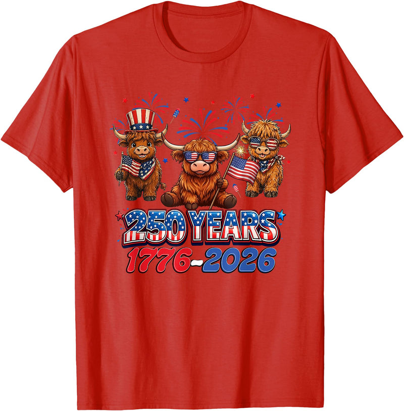Scottish Highland Cow Print 250th Anniversary Gift 250 Years America Anniversary Cow 4th July America 1776 2026 T-Shirt - Red