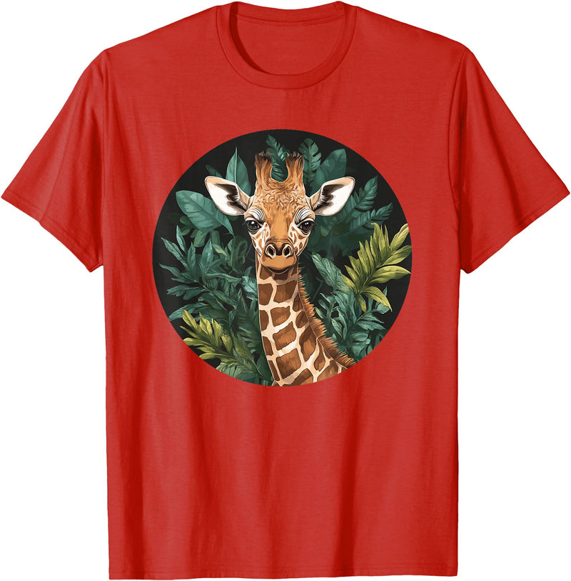 Nature Wildlife Giraffe Safari Jungle Giraffe With Tropical Jungle Leaves T-Shirt - Red