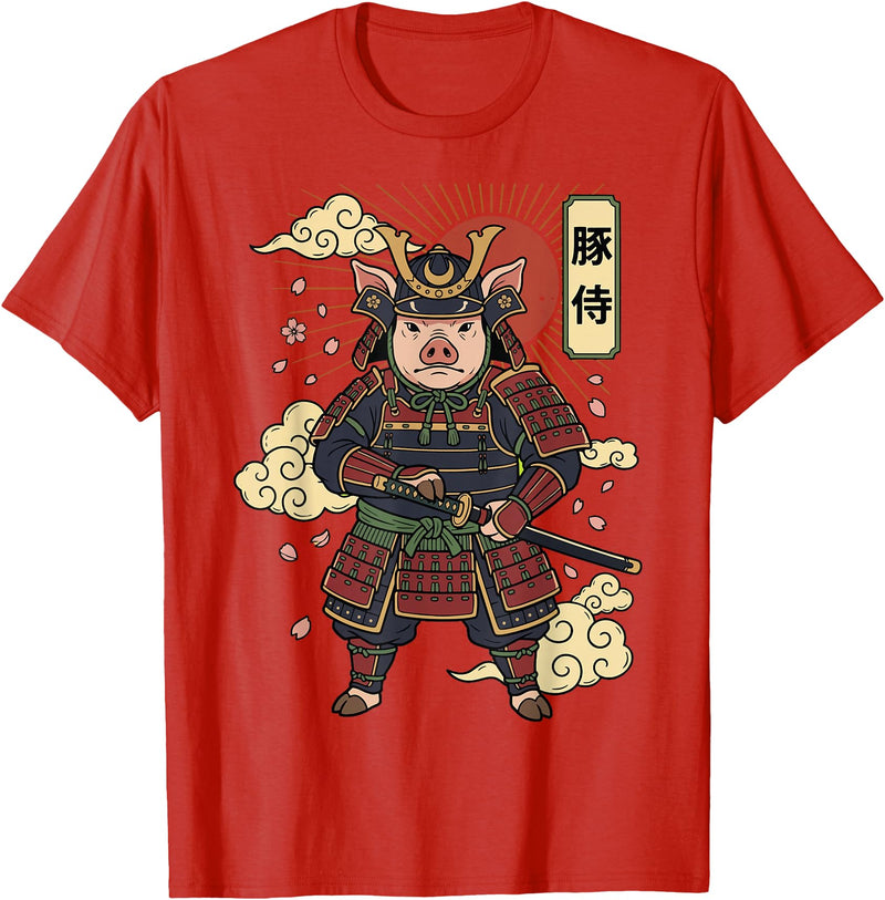 Samurai Pig Anime Japan Pig Samurai Japanese Warrior T-Shirt - Red