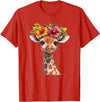 Aesthetic Giraffe Art Cute Floral Giraffe With Flower Crown T-Shirt - Red