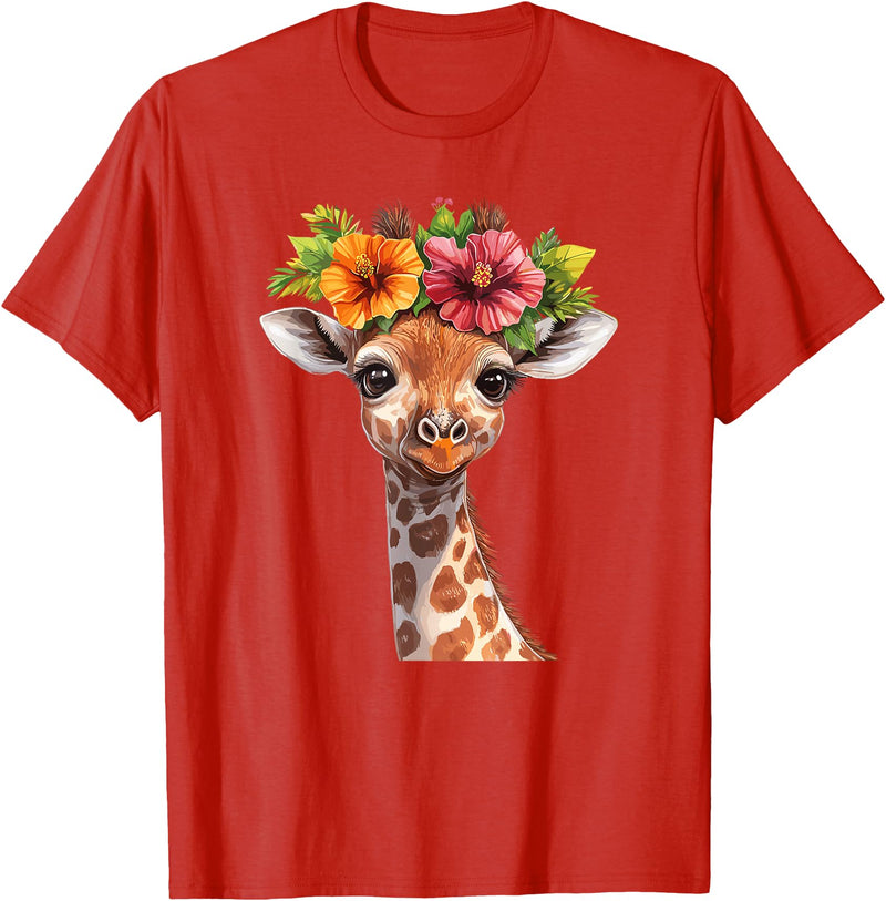 Aesthetic Giraffe Art Cute Floral Giraffe With Flower Crown T-Shirt - Red