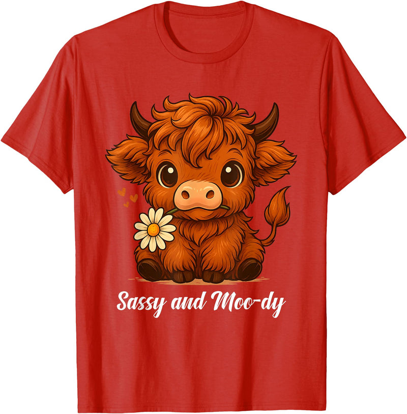 Sassy Moo-dy Cute Highland Cow Tees Sassy and Moo-dy Highland Cow Funny Farm Animal Art T-Shirt - Red