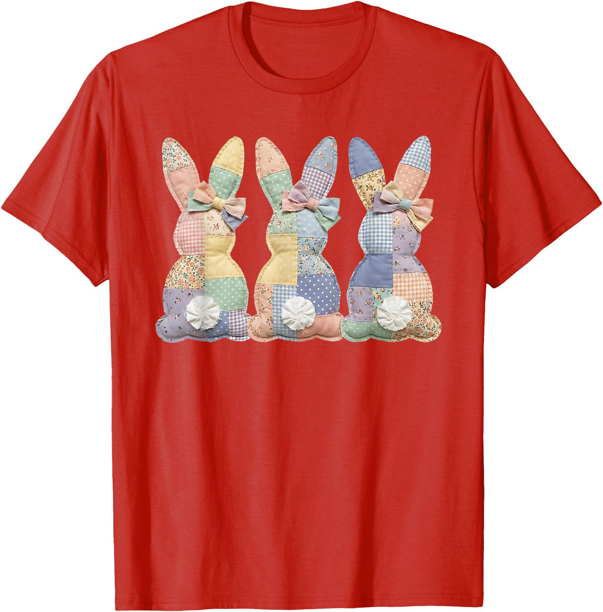 Easter Patchwork Bunny Cute Bunny Rabbit Coquette Lace Bow T-Shirt in Red