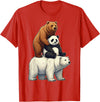 Cute Bear Panda Polar Bear Stack Funny Wildlife Funny Bears Stacked Panda Grizzly Polar Bear Trio Meme Art T-Shirt - Red