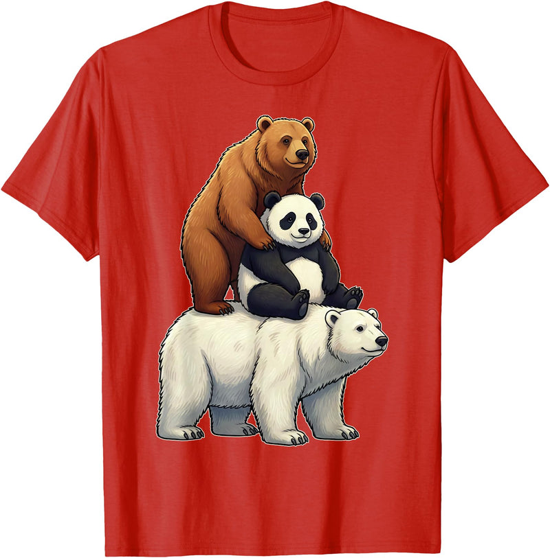 Cute Bear Panda Polar Bear Stack Funny Wildlife Funny Bears Stacked Panda Grizzly Polar Bear Trio Meme Art T-Shirt - Red