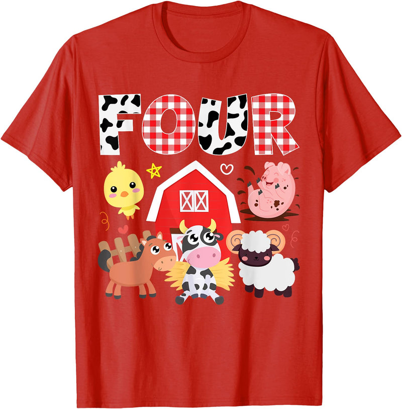 Farm Animals Cow Themed Birthday Party Family Tees 4th Birthday Four Year Old Farm Theme Animals Birthday Party T-Shirt - Red