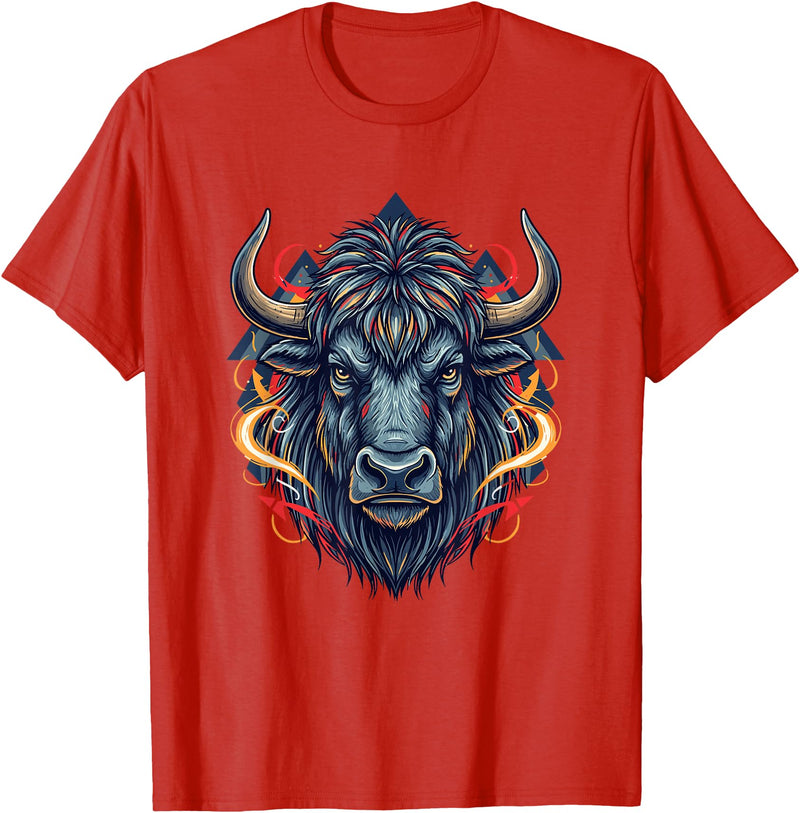 Wild Buffalo Bison Tribal Western Spirit Fierce Wild Bison Head Tribal Geometric Buffalo T-Shirt - Red