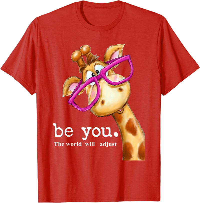 Sarcasm Funny Gag Gifts Tee for Men Women Be You The World Will Adjust Cute Lover Giraffe Glasses T-Shirt - Red