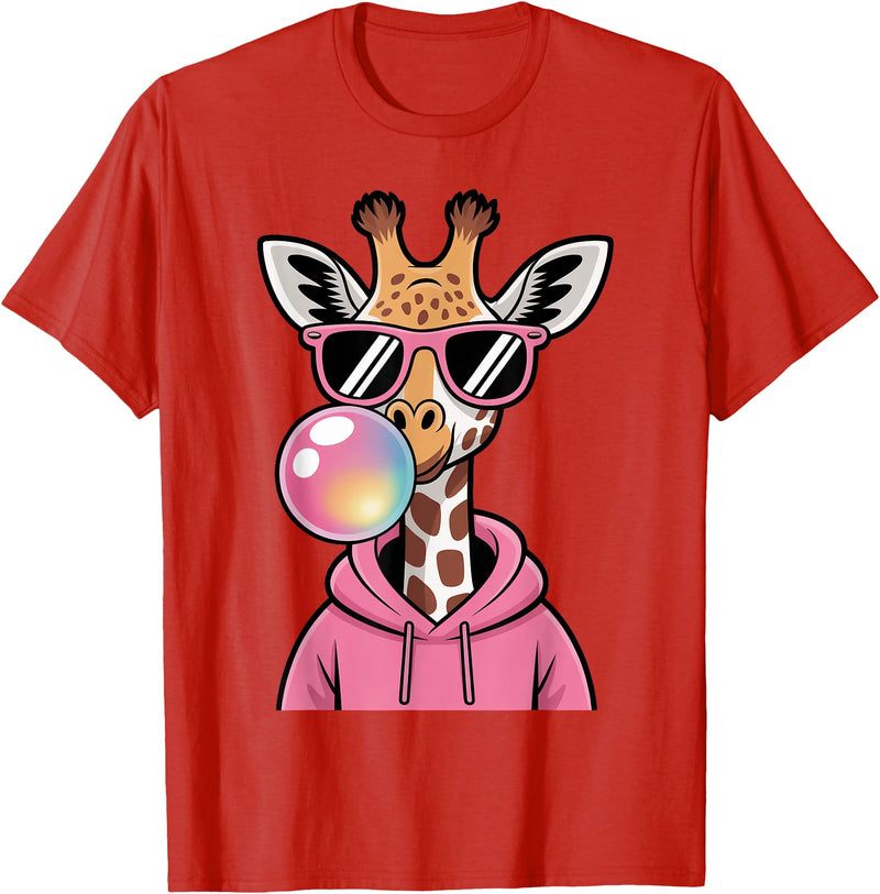 Giraffe Sasquatch Blowing Bubblegum Toddler Kids Cute Giraffe Blowing Bubble Gum and Pink Glasses Kids Boys T-Shirt - Red