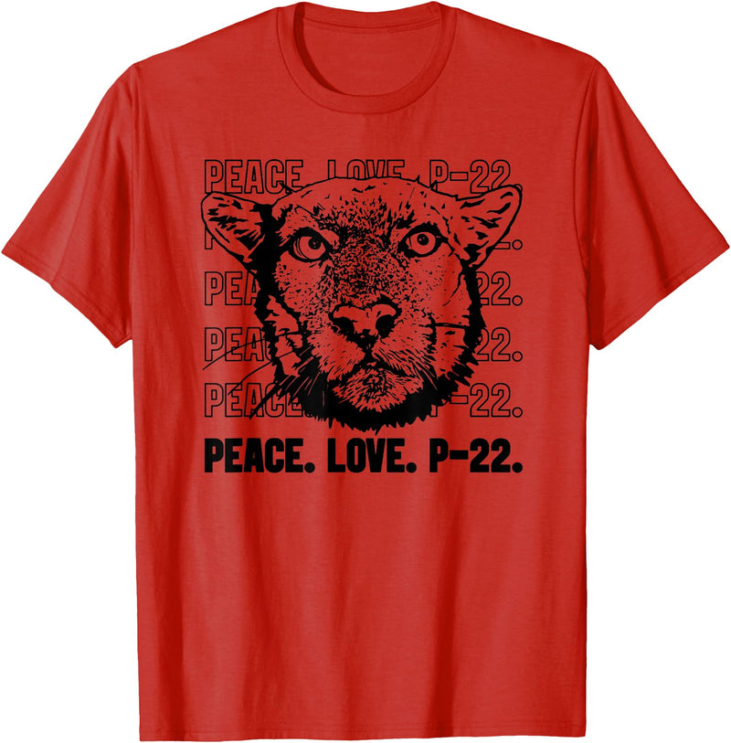 P22 Mountain Lion Tee Shirts for Nature Lovers P-22 Mountain Lion Legend LA California Art P22 Peace Love T-Shirt - Red