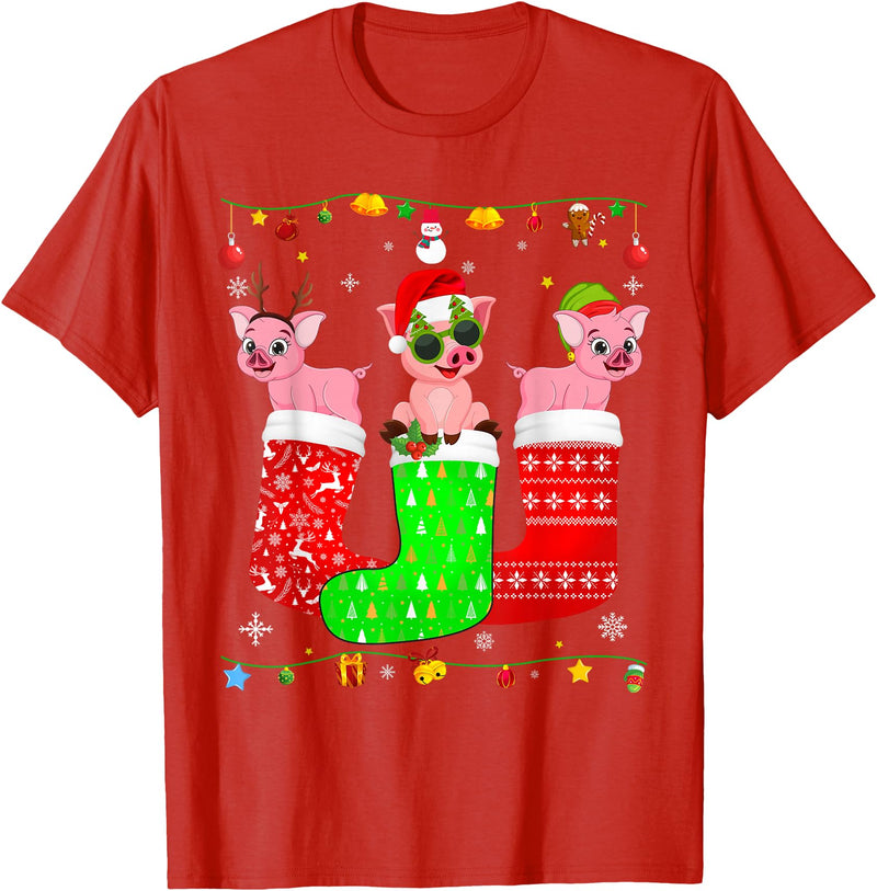 Christmas Pajama Top Matching Outfit Co Three Pig In Christmas Socks Matching Xmas Pajama T-Shirt - Red