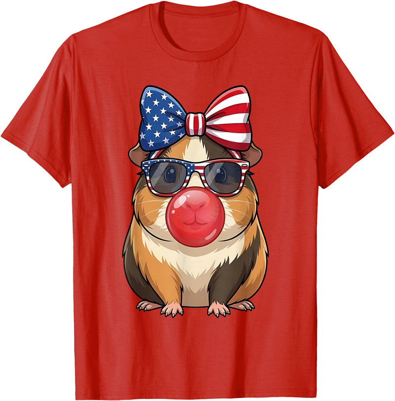 Cute Guinea Pig Bubble Gum Coquette Bow Girls Kids Patriotic Guinea Pig 4th of July Bow American Flag Girls T-Shirt - Red