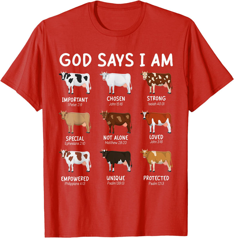 God Says I Am Christian Bible Verse Apparel God Says I Am Cute Heifer Cow Bible Verse Christian T-Shirt - Red
