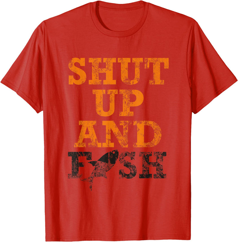 Green Cow Land Shut Up And Fish Distressed apparel T-Shirt - Red