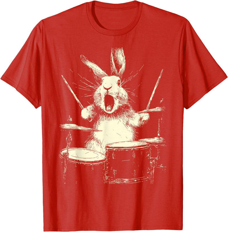 Cute Rabbit Playing Drums Funny Music Animal Drummer Graphic T-Shirt in Red