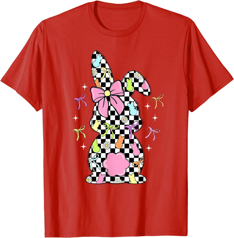 Funny Bunny Checkered Coquette Bow Rabbit Eggs Easter Retro T-Shirt in Red