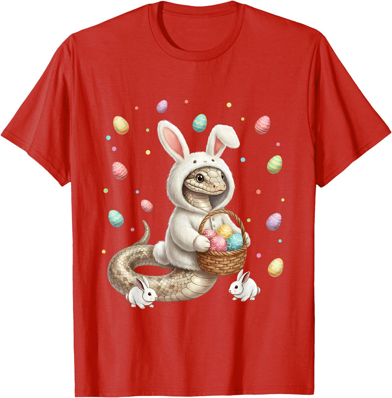 Cute Easter Bunny Rabbit with Eggs Whimsical Snake Design T-Shirt in Red