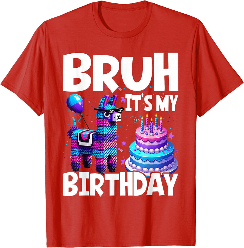 Llama Lover Gift Co. Bruh Its My Birthday Llama Pinata T-Shirt - Red