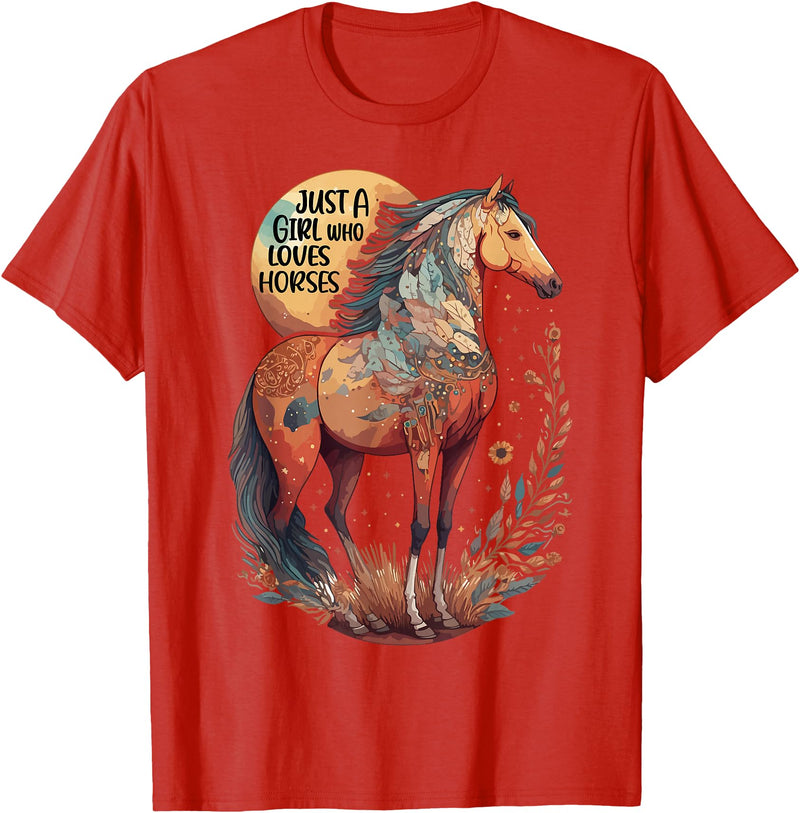 Just a girl who loves horses Co. Just a Girl who Loves Horses - Bohemian Horse Lover Themed T-Shirt - Red