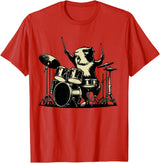 Retro Drummer Guinea Pig Lover Rock Design Guinea Pig Drummer Rock Drummer Guinea Pig Playing Drums T-Shirt - Red