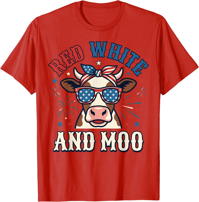 Patriotic Farm Cow Independence Day Red White and Moo Patriotic USA Flag Cow 4th of July T-Shirt - Red