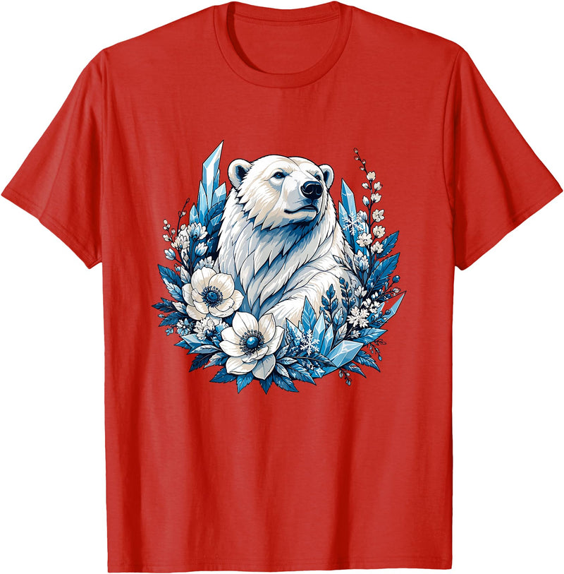 Arctic Polar Bear Floral Crystal Nature Winter Wildlife Polar Bear with Ice Flowers T-Shirt - Red