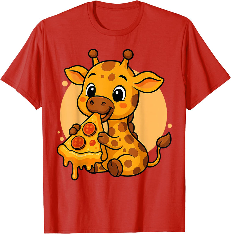 Giraffe Eating Pizza Graphic Design Funny Giraffe Eating Pizza Graphic Boys Girls Giraffe Lover T-Shirt - Red