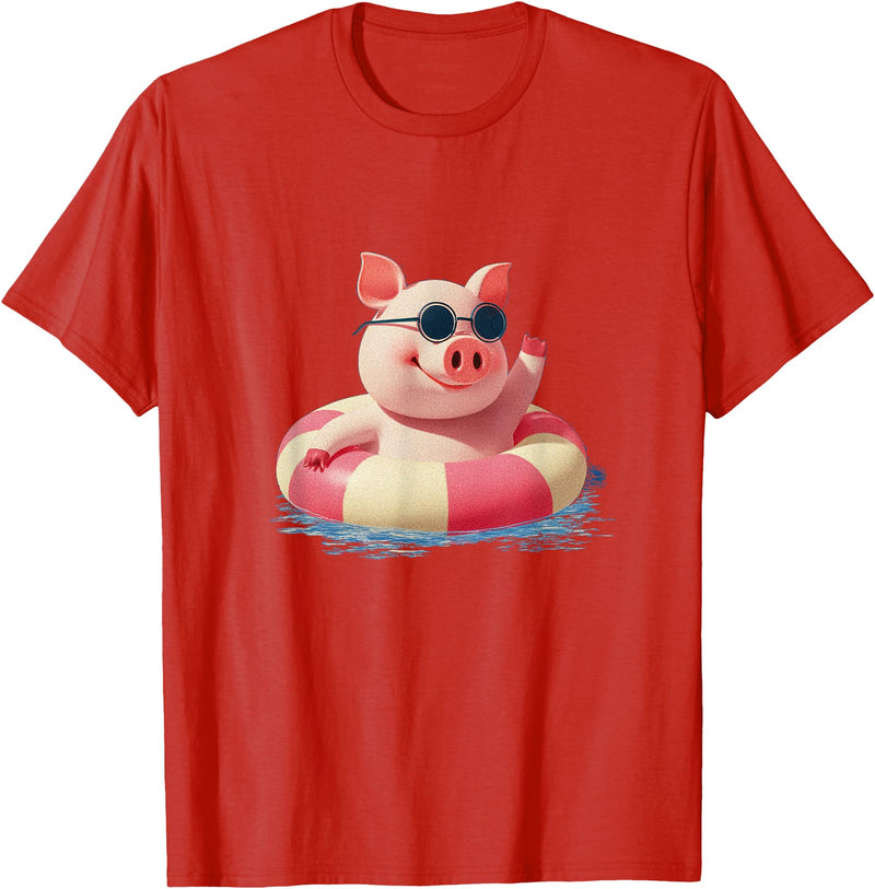 Vacation Pig Outfit Pig Sunglasses Graphic with Beach Ring T-Shirt - Red