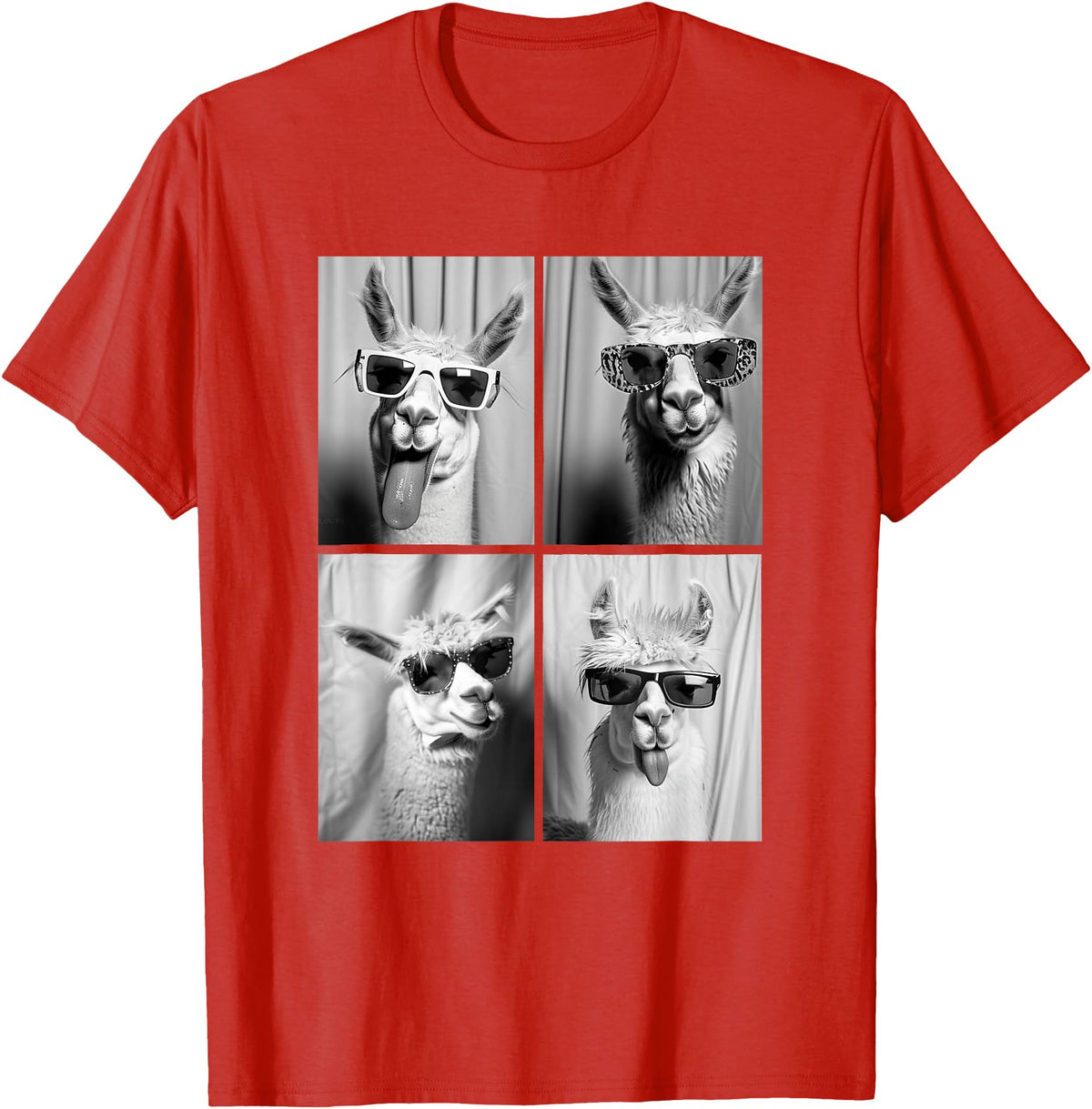 Funny Animal Photography Clothing Co. Funny Llamas with Sunglasses Cool Llama Animals Photo Booth T-Shirt - Red