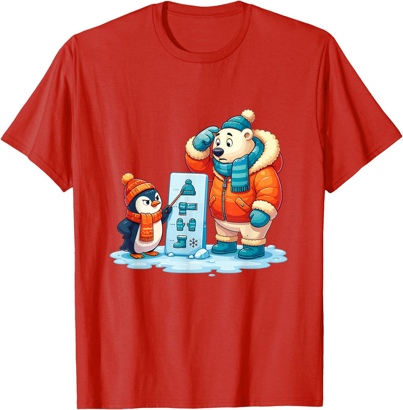 Cute Winter Penguin Polar Bear Humor Funny Penguin Teaching Polar Bear Winter T-Shirt - Red
