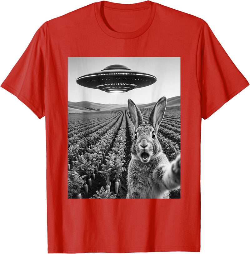 Rabbit Selfie with Alien UFO Funny Rabbit Lover Men Women T-Shirt in Red