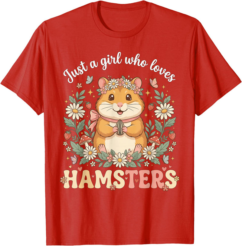 Just a Girl Who Loves Hamsters Cute Floral Pet Aesthetic T-Shirt - Red