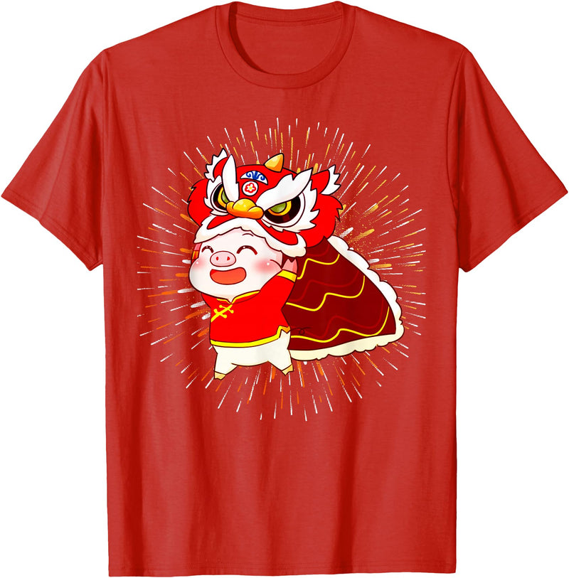 Funny Pig Chinese New Year Celebration Funny Pig Chinese New Year Lion Dancing Piggy T-Shirt - Red