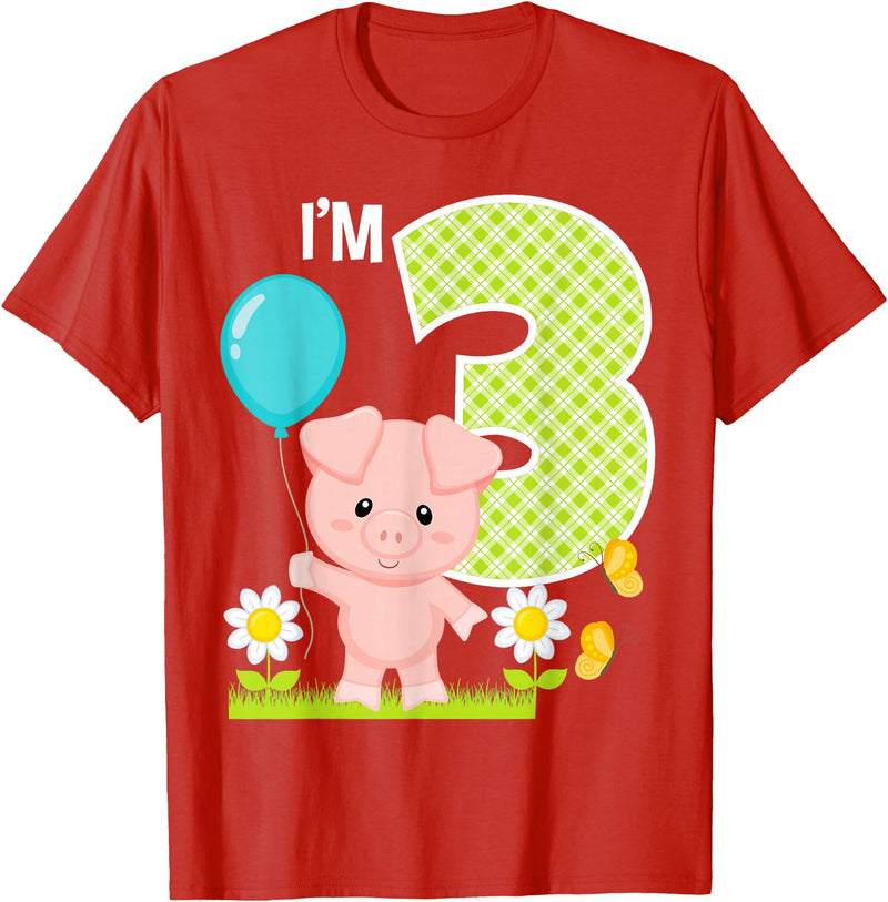 Cute Piglets Pig Barn Farm Birthday Party Supplies Pig 3rd Birthday Toddler 3 Year Old Birthday Boy Piglet Bday T-Shirt - Red