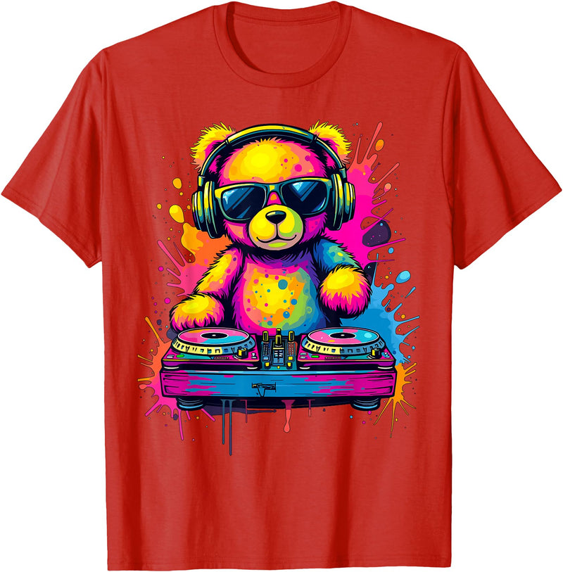 Magical and Funny DJ Gifts Colorful DJ Teddy Bear T-Shirt, Unisex-Kids, Black, Small, Long Sleeve, Classic Fit, Polyester 100% - Red
