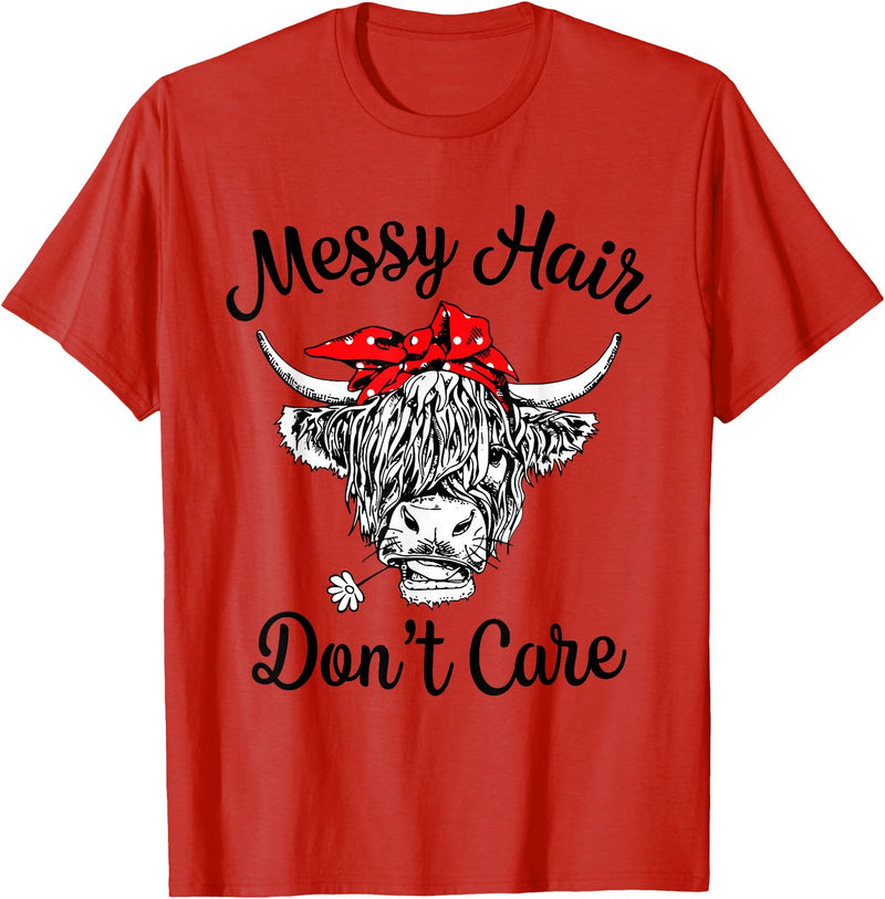 Highland Cow Cattle Bandana Messy Hair Women Girls Scottish Highland Cow Cattle Bandana Messy Hair Don't Care T-Shirt - Red
