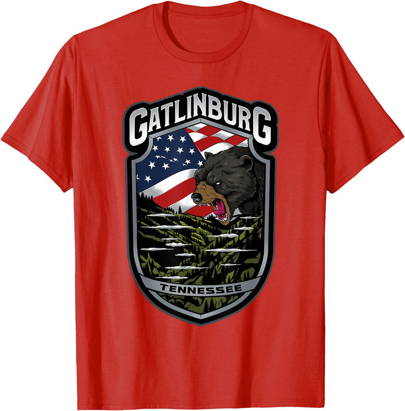Great Smoky Mountains National Park Souvenirs Gatlinburg Tennessee Souvenirs Bears Gifts TN American Flag T-Shirt - Red
