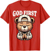 Christian Hip Hop Hustle Praying Teddy Bear Design God First Hip Hop Teddy Bear Cross Christian Streetwear Pray T-Shirt - Red
