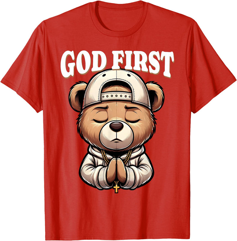 Christian Hip Hop Hustle Praying Teddy Bear Design God First Hip Hop Teddy Bear Cross Christian Streetwear Pray T-Shirt - Red