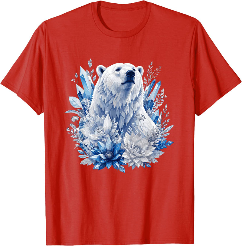 Arctic Polar Bear Crystal Flowers Nature Majestic Arctic Polar Bear with Ice Flowers Fantasy T-Shirt - Red