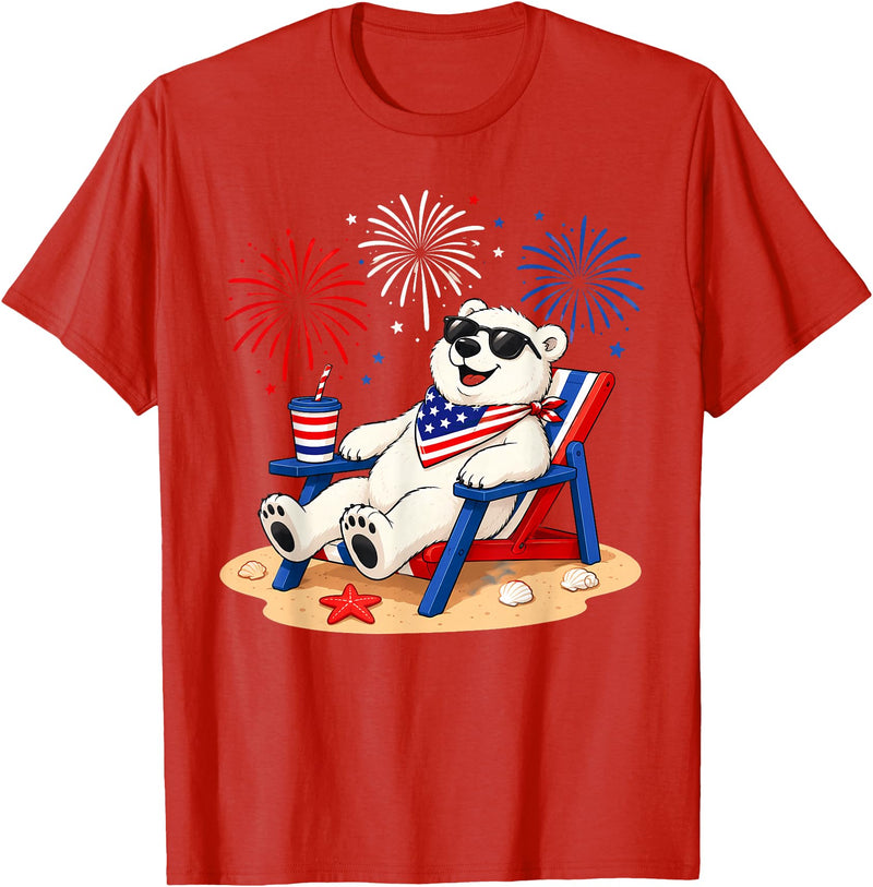 Polar Bear Patriotic Happy Beach Paws Co 4th of July Polar Bear Happy Beach Patriotic Animal Lovers T-Shirt - Red
