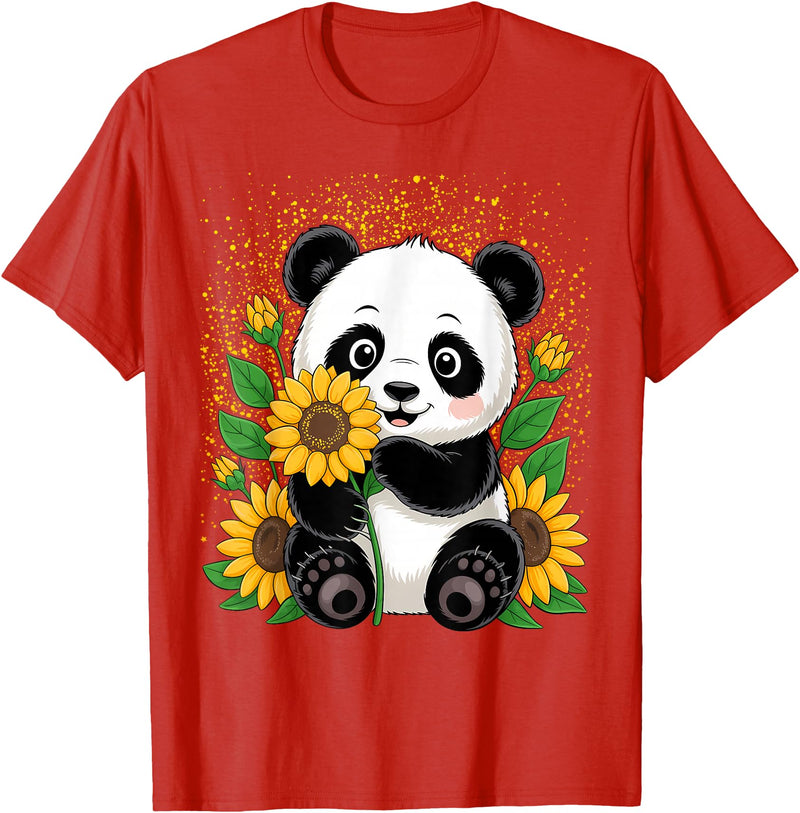 Panda Lover Gift Co. Panda Bear with Sunflowers, Panda Bear T-Shirt - Red