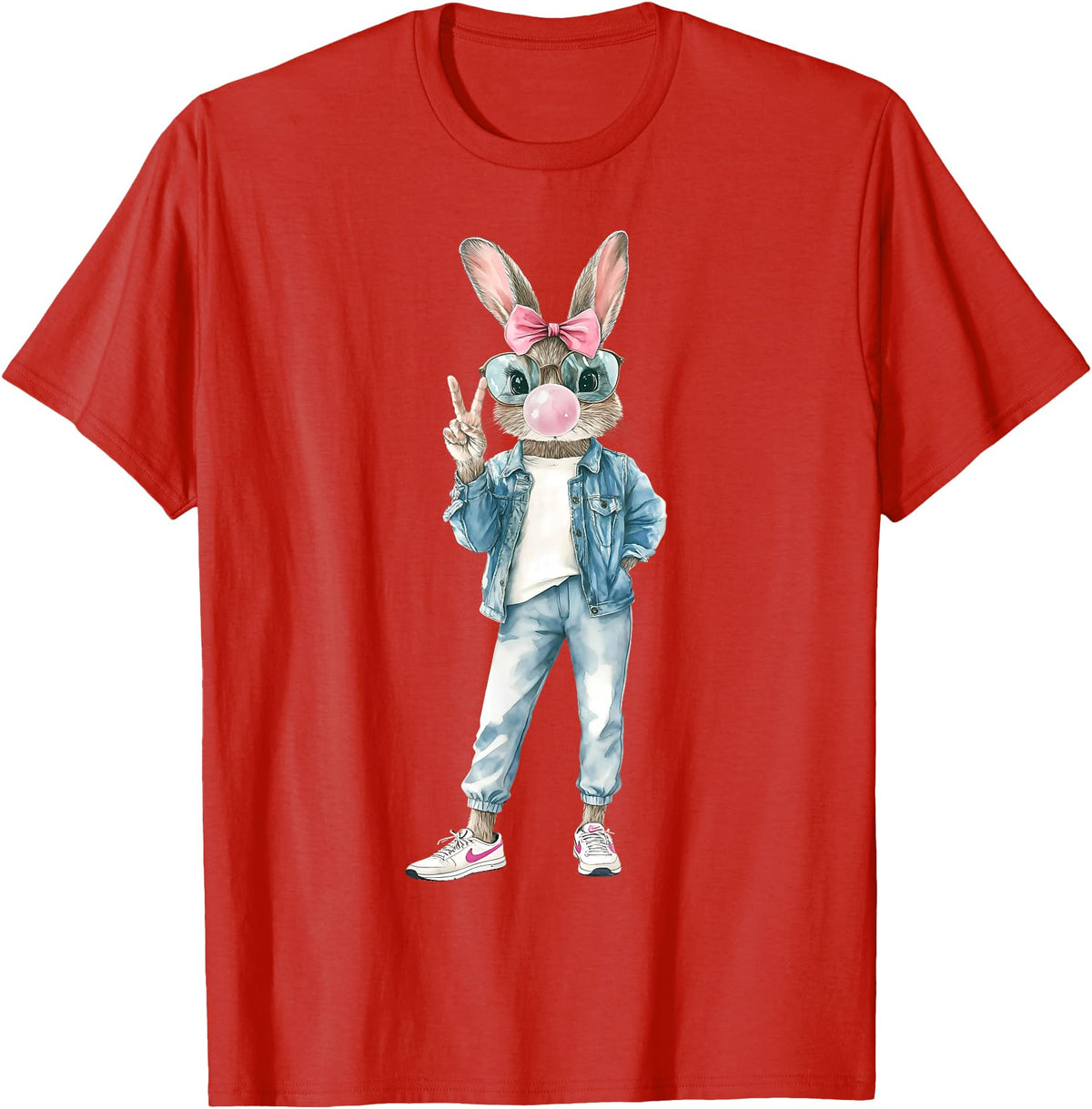 Funny Bunny Sunglasses Rabbit Coquette Bow Easter Trendy T-Shirt in Red