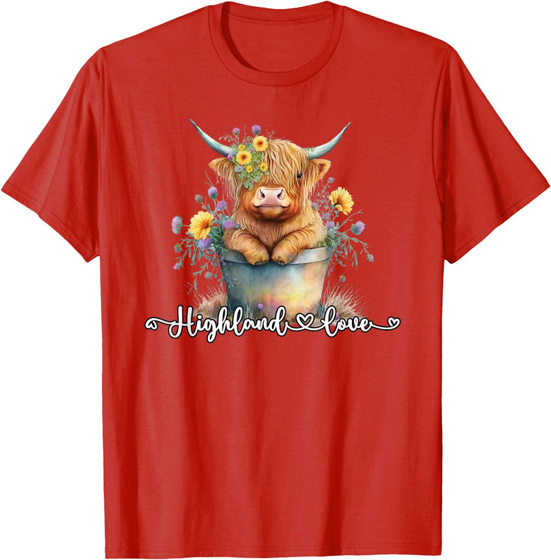 KAEDAM Gifts: Highland Cows Cute Baby Highland Cow Calf Love Spring Pastel Novelty T-Shirt - Red