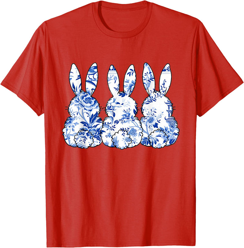 Chinoiserie Bunnies Blue and White Chinoiserie Florals Women T-Shirt in Red
