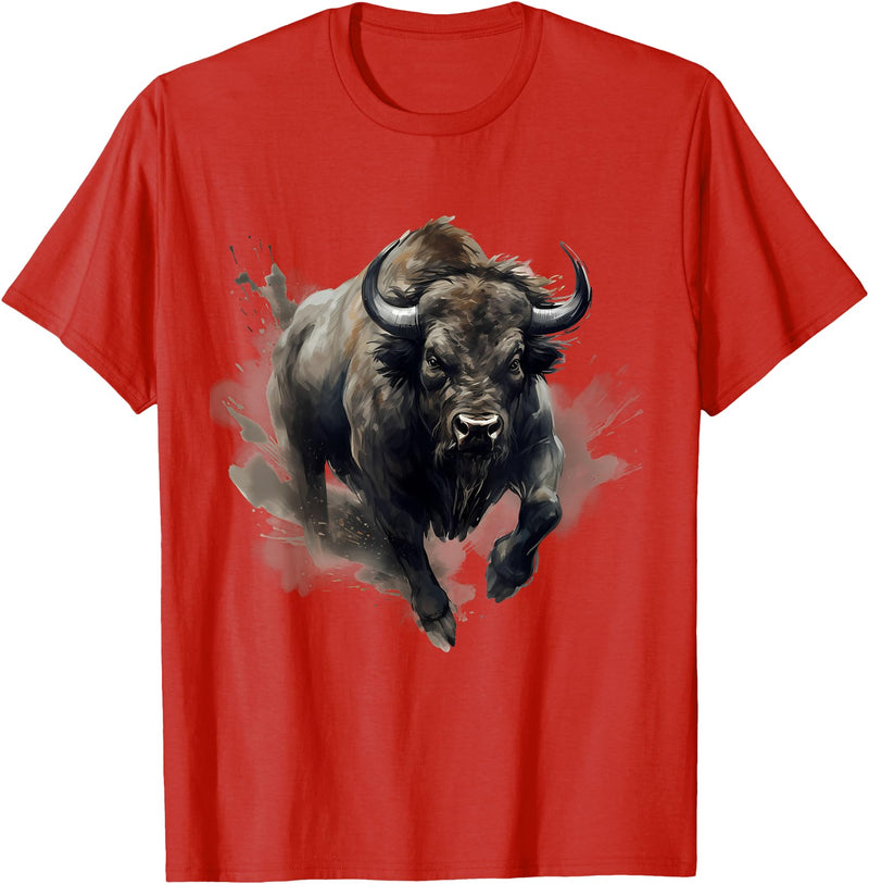 Safari Animal Art Buffalo Animal Print Splash Motif Bison Drawing Wildlife T-Shirt - Red