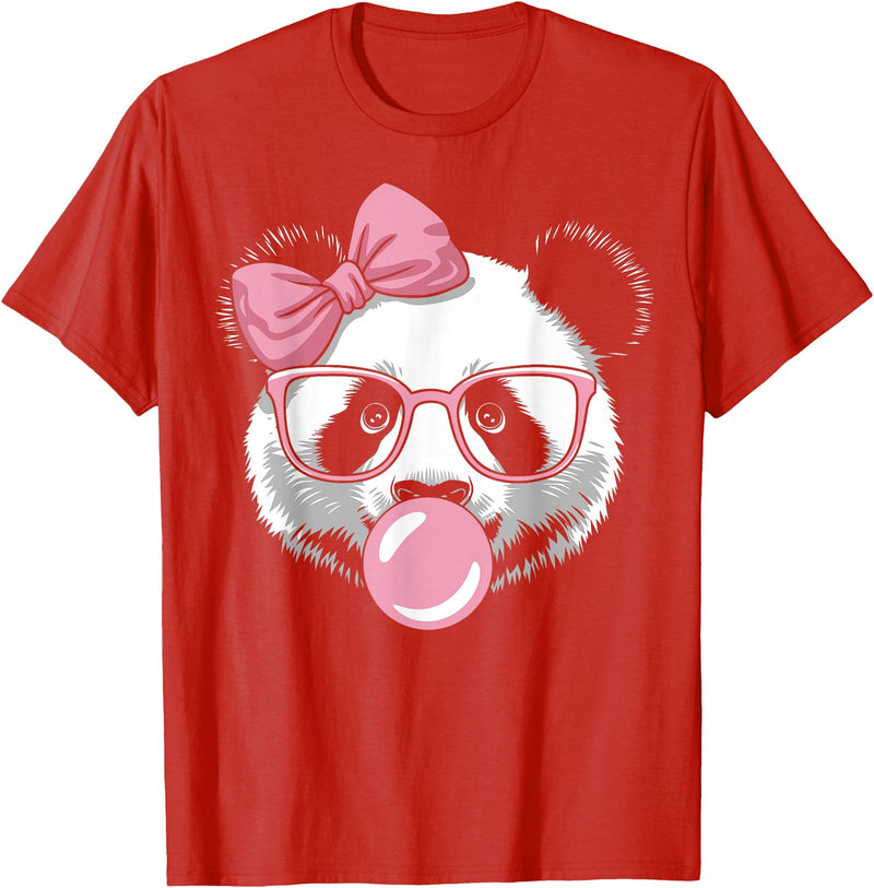 Panda Bear Bubblegum Panda Bear Wearing Glasses and Blowing Pink Bubble Gum T-Shirt - Red
