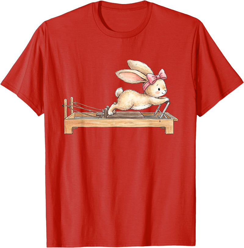 Cute Bunny Doing Pilates Reformer Machine Easter Rabbit T-Shirt in Red