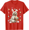 Cute Easter Bunny Rabbit with Eggs Whimsical Sloth Design T-Shirt in Red